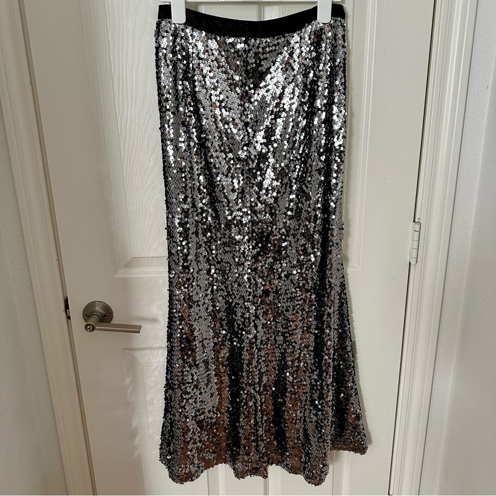 Carmen Marc Valvo Vintage Silver Sequin Midi Skirt